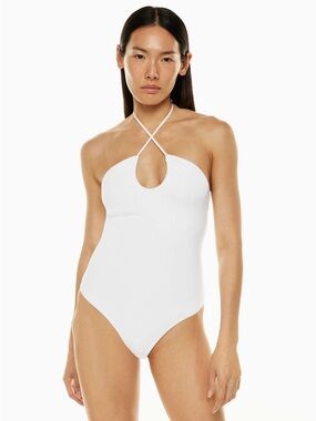 Babaton Contour Criss Cross Halter Bodysuit Thong Cut Snap Closure Sz M